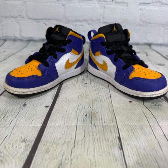 Nike Air Jordan 1 Mid Kids Size 8C Sneakers Blue Yellow Basketball School Shoes - Picture 5 of 11